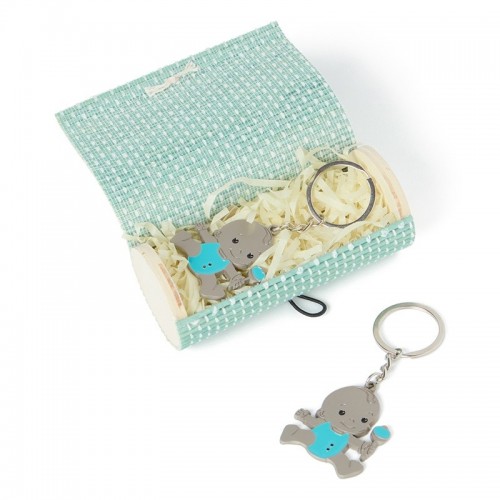 Llavero sonajero azul con caja bambú